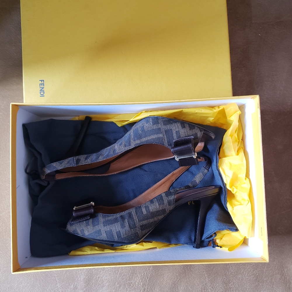 FENDI Brown Zucca  Bow Slingback Sandals